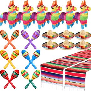 Libima 26 Pcs Mexican Decor Fiesta Decorations Include 6 Donkey Piñata 12 Large Fiesta Maracas 2 Mexican Serape Table Runners 6 Mexican Sombrero Hats for Mexican Decorations Favors(Retro)