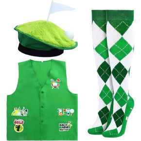 Keymall Funny Golf Costume 5 Pcs Golf Beret Green Vest Gloves Tie Sock for Adult Halloween Golf Themed Birthday Costume Party