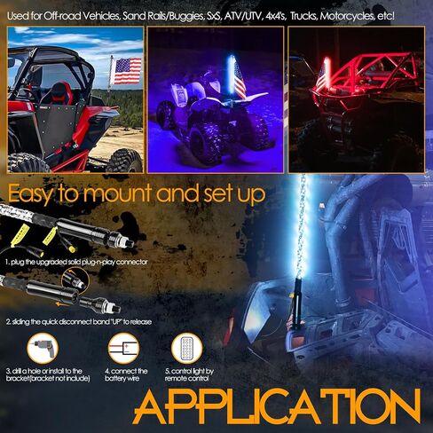 Nirider 2PCS 1ft LED Whip Lights with Flag Pole Remote Control Spiral RGB Chase Light Offroad Warning Lighted Antenna LED Whips for SXS, UTV, ATV, Off Road, Truck, Sand, Buggy Dune, RZR, Can-am, Boat in Saudi Arabia