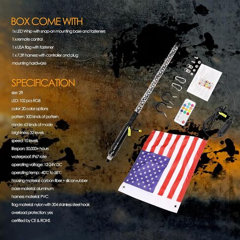 Nirider 2PCS 1ft LED Whip Lights with Flag Pole Remote Control Spiral RGB Chase Light Offroad Warning Lighted Antenna LED Whips for SXS, UTV, ATV, Off Road, Truck, Sand, Buggy Dune, RZR, Can-am, Boat in Saudi Arabia