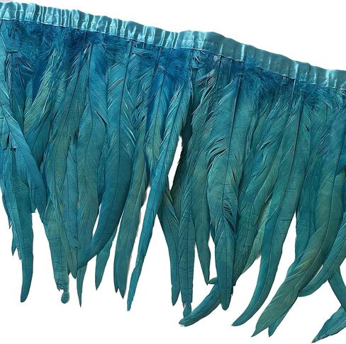 LONDGEN Rooster Hackle Feather Fringe Trim 12-14inch in Width for Clothes Decoration and Wedding ,Halloween Party Pack of 1 Yard (Turquoise) in Saudi Arabia