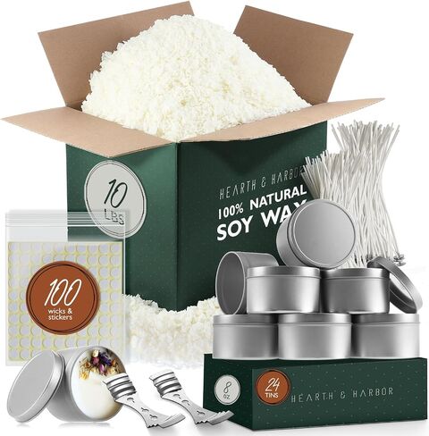 Hearth & Harbor Natural Soy Wax and DIY Candle Making Supplies - 5 Lbs. Soy Candle Wax Flakes, Candle Tin Cans with Lid 24 Pack - 4 oz., 100 Cotton Wicks, and 2 Metal Centering Device in Saudi Arabia