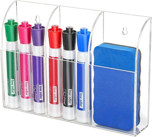 MaxGear Wall Marker Holder, 3 Compartments Desk Acrylic Organizer for Remotes, Pens, Makeup, Markers, Clear Remote Control Holder for Whiteboard Accessories-7.8'' x 1.6'' x 5.5'' in Kuwait