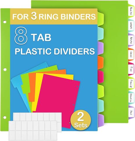Binder Dividers for 3 Ring Binder, 8 Tab Plastic Binder Dividers, 8 Color Page Folder Dividers with Big Tabs for School Office Home, Letter Size, 2 Sets, 16 Dividers in Saudi Arabia
