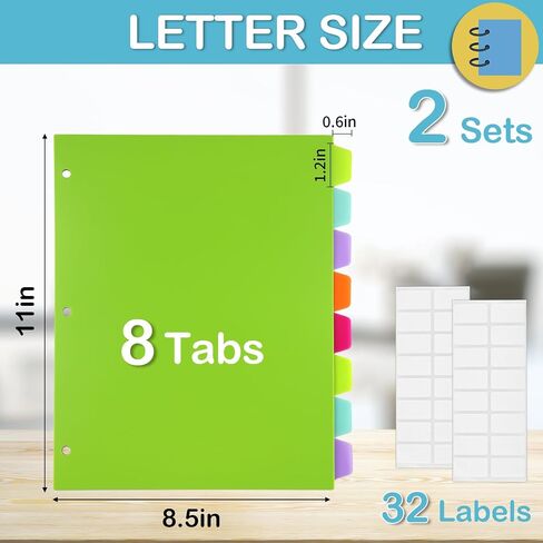 Binder Dividers for 3 Ring Binder, 8 Tab Plastic Binder Dividers, 8 Color Page Folder Dividers with Big Tabs for School Office Home, Letter Size, 2 Sets, 16 Dividers in Saudi Arabia
