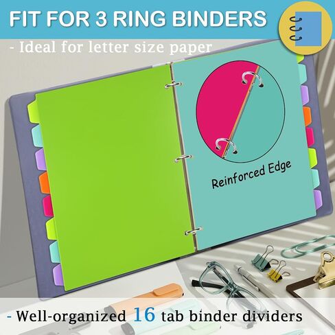 Binder Dividers for 3 Ring Binder, 8 Tab Plastic Binder Dividers, 8 Color Page Folder Dividers with Big Tabs for School Office Home, Letter Size, 2 Sets, 16 Dividers in Saudi Arabia