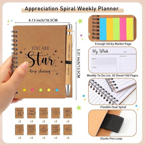 10 Set Employee Appreciation Thank You Gift Inspirational Spiral Notebook Weekly Planner with Sticky Notepad Motivational Bamboo Pen for Volunteer Assistant Student Teacher Team Coworker in Saudi Arabia