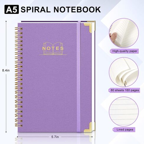 Lined Spiral Journal Notebook, A5 Hardcover Spiral Notebook for Work, 5.7''×8.2'', 100GSM Thick Paper Spiral Bound Journaling Notebooks for Women & Men Office School Note Taking Business, Purple in Saudi Arabia