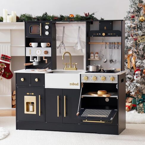 مطبخ لعب للأطفال من روبود، مجموعة مطبخ لعب خشبية مع الكثير من ميزات اللعب الواقعية، لعبة مطبخ مع صانع ثلج، ماكينة صنع القهوة، فرن، خزانة، ميكروويف، أواني، هدية للأعمار من 3 سنوات فما فوق، باللون الأبيض in Kuwait
