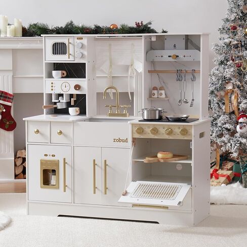 ROBUD Play Kitchen for Kids, Wooden Play Kitchen Set with Plenty of Realistic Play Features, Toy Kitchen with Ice Maker, Coffee Machine, Oven, Cabinet, Microwave, Utensils, Gift for Ages 3+, White in Saudi Arabia