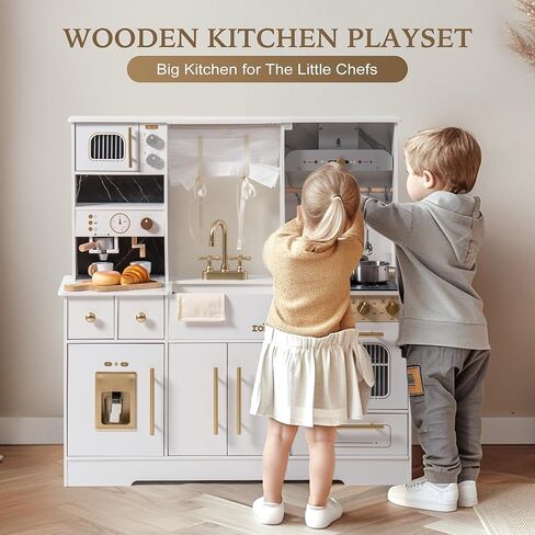 ROBUD Play Kitchen for Kids, Wooden Play Kitchen Set with Plenty of Realistic Play Features, Toy Kitchen with Ice Maker, Coffee Machine, Oven, Cabinet, Microwave, Utensils, Gift for Ages 3+, White in Saudi Arabia