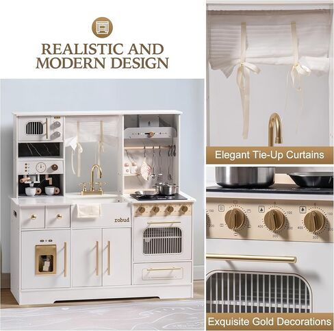 ROBUD Play Kitchen for Kids, Wooden Play Kitchen Set with Plenty of Realistic Play Features, Toy Kitchen with Ice Maker, Coffee Machine, Oven, Cabinet, Microwave, Utensils, Gift for Ages 3+, White in Saudi Arabia