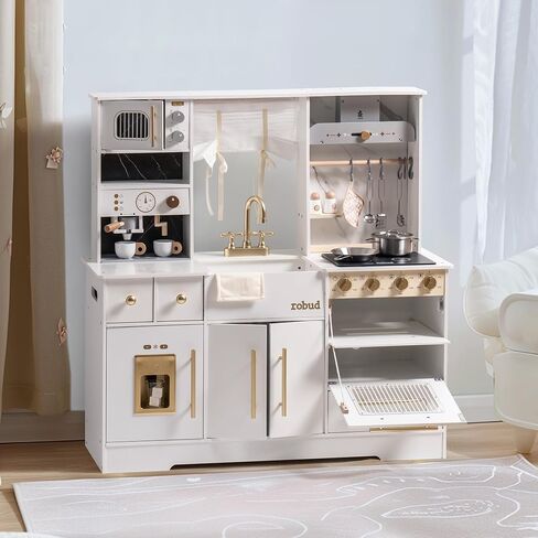 ROBUD Play Kitchen for Kids, Wooden Play Kitchen Set with Plenty of Realistic Play Features, Toy Kitchen with Ice Maker, Coffee Machine, Oven, Cabinet, Microwave, Utensils, Gift for Ages 3+, White in Saudi Arabia