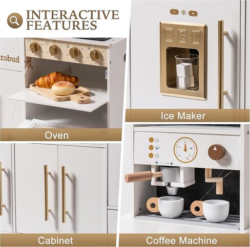 ROBUD Play Kitchen for Kids, Wooden Play Kitchen Set with Plenty of Realistic Play Features, Toy Kitchen with Ice Maker, Coffee Machine, Oven, Cabinet, Microwave, Utensils, Gift for Ages 3+, White in Saudi Arabia