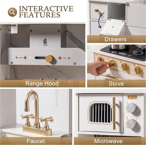 ROBUD Play Kitchen for Kids, Wooden Play Kitchen Set with Plenty of Realistic Play Features, Toy Kitchen with Ice Maker, Coffee Machine, Oven, Cabinet, Microwave, Utensils, Gift for Ages 3+, White in Saudi Arabia