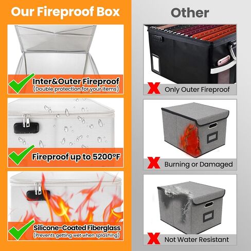 Upgraded 5200°F Fireproof Document File Organizer Box, Fireproof Storage Filing Cabinet Box with Lock, Portable Office Safe Box for Hanging Letter/Legal Folder 16.1 x 12.9 x 11in in Kuwait