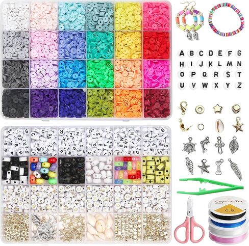 24 Colors 6mm Clay Beads for Bracelets Making, 7200 PCS Flat Round Polymer Heishi Beads with Letter and Smileyface Beads,Clay Beads Kit with Pendant Charms and Elastic Strings for Jewelry Making in Saudi Arabia