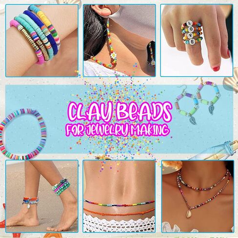 24 Colors 6mm Clay Beads for Bracelets Making, 7200 PCS Flat Round Polymer Heishi Beads with Letter and Smileyface Beads,Clay Beads Kit with Pendant Charms and Elastic Strings for Jewelry Making in Saudi Arabia