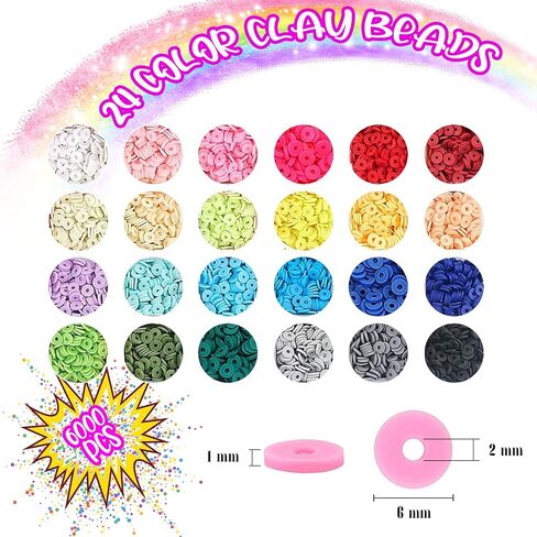 24 Colors 6mm Clay Beads for Bracelets Making, 7200 PCS Flat Round Polymer Heishi Beads with Letter and Smileyface Beads,Clay Beads Kit with Pendant Charms and Elastic Strings for Jewelry Making in Saudi Arabia