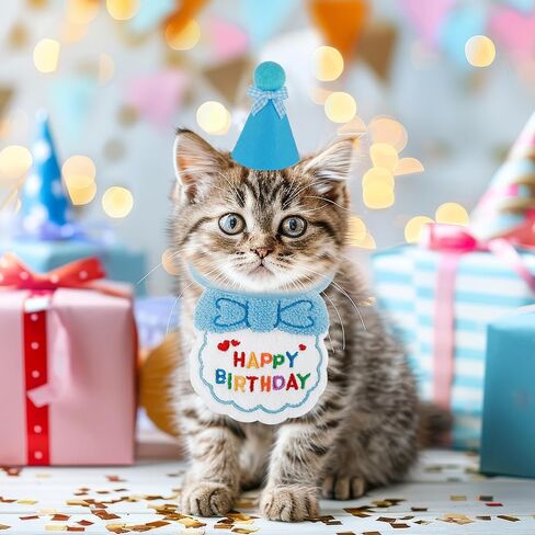 Cat Birthday Hat and Bib, Cat Birthday Party Bandana Outfit Cute Cat Pet Hat Scarf Decoration Set Lovely Cat Hat and Bid Outfit for Cat Puppy Kitten Birthday Party Decorations(Pink) in Saudi Arabia