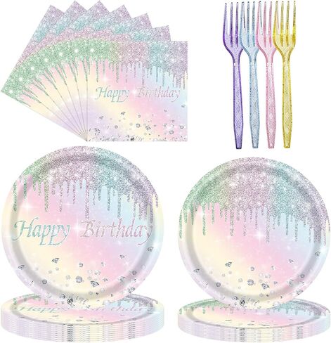 96PCS Happy Birthday Paper Plates and Napkins Colorful Dot Tableware Set Include Paper Plates, Napkins, Forks Disposable Decorations Supplies for Girls and Boys Birthday Party, Serve 24 in Saudi Arabia
