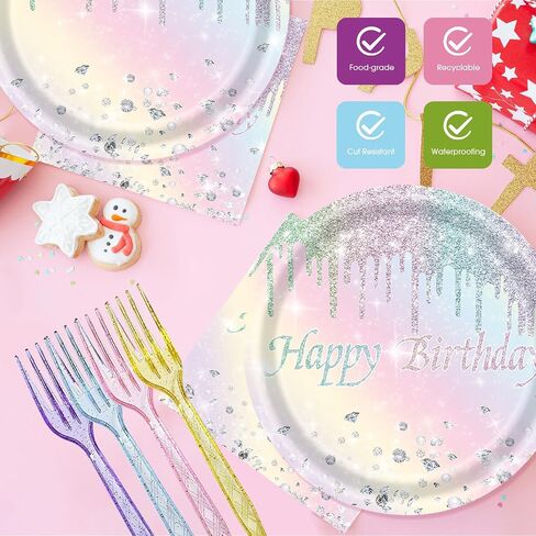 96PCS Happy Birthday Paper Plates and Napkins Colorful Dot Tableware Set Include Paper Plates, Napkins, Forks Disposable Decorations Supplies for Girls and Boys Birthday Party, Serve 24 in Saudi Arabia