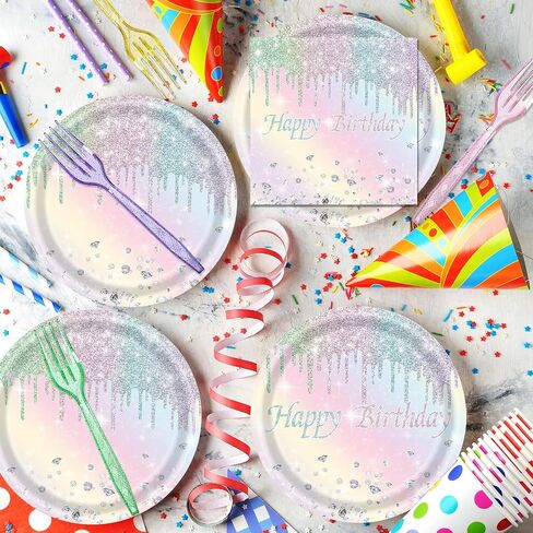 96PCS Happy Birthday Paper Plates and Napkins Colorful Dot Tableware Set Include Paper Plates, Napkins, Forks Disposable Decorations Supplies for Girls and Boys Birthday Party, Serve 24 in Saudi Arabia