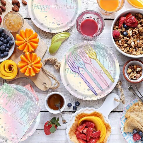 96PCS Happy Birthday Paper Plates and Napkins Colorful Dot Tableware Set Include Paper Plates, Napkins, Forks Disposable Decorations Supplies for Girls and Boys Birthday Party, Serve 24 in Saudi Arabia