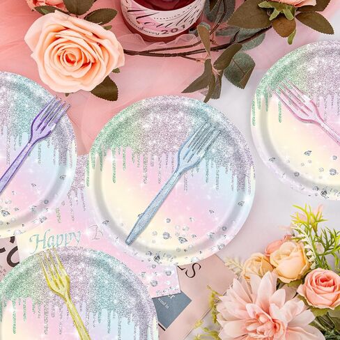96PCS Happy Birthday Paper Plates and Napkins Colorful Dot Tableware Set Include Paper Plates, Napkins, Forks Disposable Decorations Supplies for Girls and Boys Birthday Party, Serve 24 in Saudi Arabia