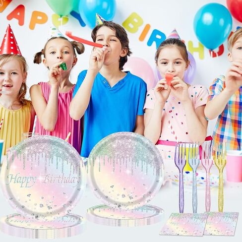 96PCS Happy Birthday Paper Plates and Napkins Colorful Dot Tableware Set Include Paper Plates, Napkins, Forks Disposable Decorations Supplies for Girls and Boys Birthday Party, Serve 24 in Saudi Arabia