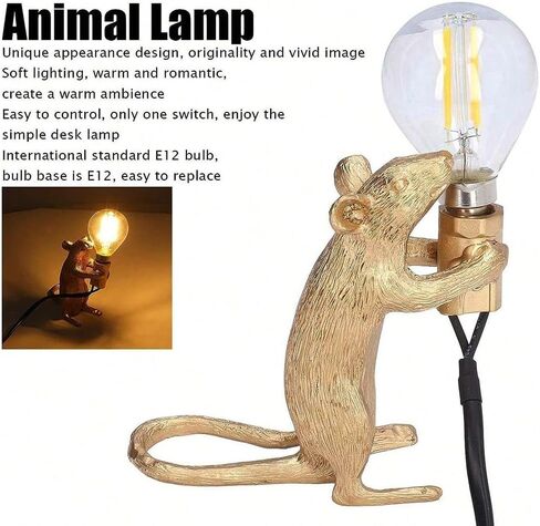 LED Resin Animal Rat Desk Modern Cute Art Children's Bedside Gift Table Lamp Simple Operation Lifelike Image Modern Small Mini Mouse Figure Night Light (Gold) in Saudi Arabia