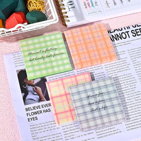 BAYTORY 200 Sheets Glitter Transparent Sticky Notes, 3 x 3 Translucent Self-Stick Note, Clear Memo Pads, See Through Aesthetic Self-Adhesive Note for Bible Accessories (Plaid) in Saudi Arabia