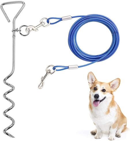 CLKHOWL Dog Stake Tie Out Cable - 16/30" Anti Rust Reflective Stake for Medium Large Dogs Up to 125 lbs, Dog Cable Runner and Metal Hooks for Yard, Camping, or Outdoors (Blue, 16FT) in Saudi Arabia