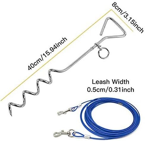 CLKHOWL Dog Stake Tie Out Cable - 16/30" Anti Rust Reflective Stake for Medium Large Dogs Up to 125 lbs, Dog Cable Runner and Metal Hooks for Yard, Camping, or Outdoors (Blue, 16FT) in Saudi Arabia