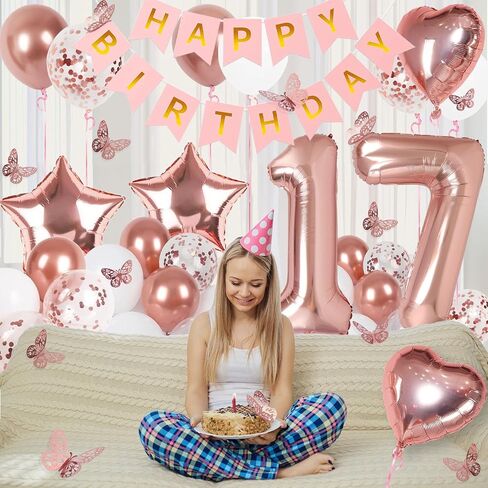 Rose Gold 15th Birthday Decorations for Girl, 15 Year Old Birthday Sign with Happy Birthday Banner, 40In Number 15 Foil Birthday Balloons, Butterfly Decorations, Heart and Star Balloons in Saudi Arabia