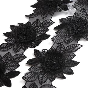 Black Flower Lace Trim, 2 Yards Organza Ribbon Embroidery Lace Trim Lace Edge Trim Lace Sew On Floral Embroidered Applique Patch, 8.5 cm Wide