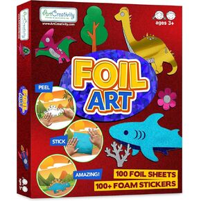 ArtCreativity Foil Art Kit for Kids - 220 Piece Foil Crafts Set - 90 Foil Sheets, 10 Backgrounds, 100 Foam Stickers, 20 Googly Eyes - Mess-Free Foil Art Kit for Kids - Crafts for Girls Boys 4 5 6 7 8