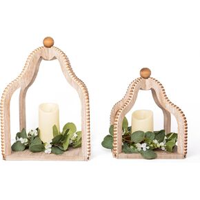 HPC Decor 2 Pack Rustic Farmhouse Lantern Decor,Vintage Wood Beaded Lanterns,White Candle Lanterns Decorative w/LED Lights String and Garland for Home, Indoor,Outdoor, Table, Fireplace, Mantle Decor