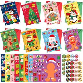 32 Pack Christmas Cards Xmas Crafts DIY Cards with Envelopes Merry Christmas Crafts Kit Christmas Tree Santa Elk Greeting Cards Xmas Stickers Cards DIY for Kids Christmas Party Supplies