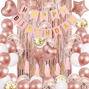 Amandir Rose Gold Birthday Party Decorations Kit, Confetti Foil Rose Gold Balloons Happy Birthday Banner Tassels Metallic Fringe Curtains 30th 40th 50th 60th Birthday Mother's Day Supplies for Women