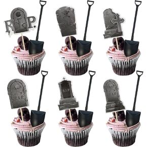 Gyufise 36Pcs Halloween Cupcake Toppers Tombstones Graveyard Cake Decorations with 36Pcs Novelty Mini Shovel Spoons for Halloween Birthday Party Decoration Supplies