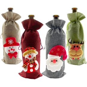 4 Pcs Christmas Wine Bottle Bags,for Wine Bottles Gift Bulk, Santa Clause, Snowman & Reindeer Drawstring Bags,Vintage Wine Bottle Gift bags,for Christmas Party Decor