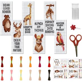 FREEBLOSS 6 Set Cross Stitch Bookmark Stamped Cross Stitch Kit with Cartoon Animal Patterns Embroidery Kit with Instruction DIY Bookmark Kit for Gift Adults 8''x2.4''