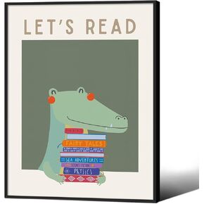 Educational Posters for Toddlers 1-3 Cute Crocodile Animal Reading Poster Let's Read Canvas Wall Art Green Kids Room Nursery Classroom Wall Decor 12x16 inch Unframed