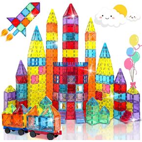 Magnetic Tiles Montessori Toys Magnetic Blocks Kids Games STEM Classroom Educational Learning Sensory Magnet Natural Toy for Toddler Boys Girls 3+ Year Old with 2 Cars