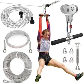 Zip Lines for Kids and Adults Outdoor Up to 500 Lbs, 304 Stainless Steel 80FT Zipline Kits for Backyard with Thickened 1/4" Wire Rope, Removable Pulley, Outdoor Playground Equipment
