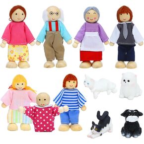 ONEST 11 Pieces Wooden Dollhouse Family Set Mini People Figures Sets Dollhouse Dolls Wooden Doll Family Pretend Play Figures Accessories for Pretend Dollhouse Toy