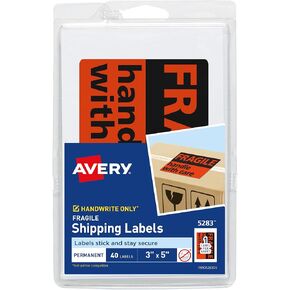 Avery Preprinted Shipping Labels, Fragile Handle with Care Label Stickers, 3" x 5", Non-Printable, 40 Rectangle Labels Total (5283)