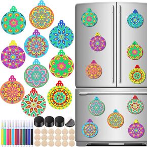 18 Pcs Unfinished Christmas Mandala Fridge Magnet Wooden Magnet Ornament for DIY Crafts, Color Your Own Xmas Mandala Self Adhesive Magnet for Christmas DIY Craft Fridge Refrigerator Decor