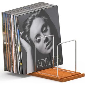 KORRTFID Vinyl Record Stand, Record Collection Holder, Solid Walnut Record Organizer with Now Playing Record Stand, Vinyl Holder for Record Display, Storage Over 70 Albums with Anti-scratch Pads